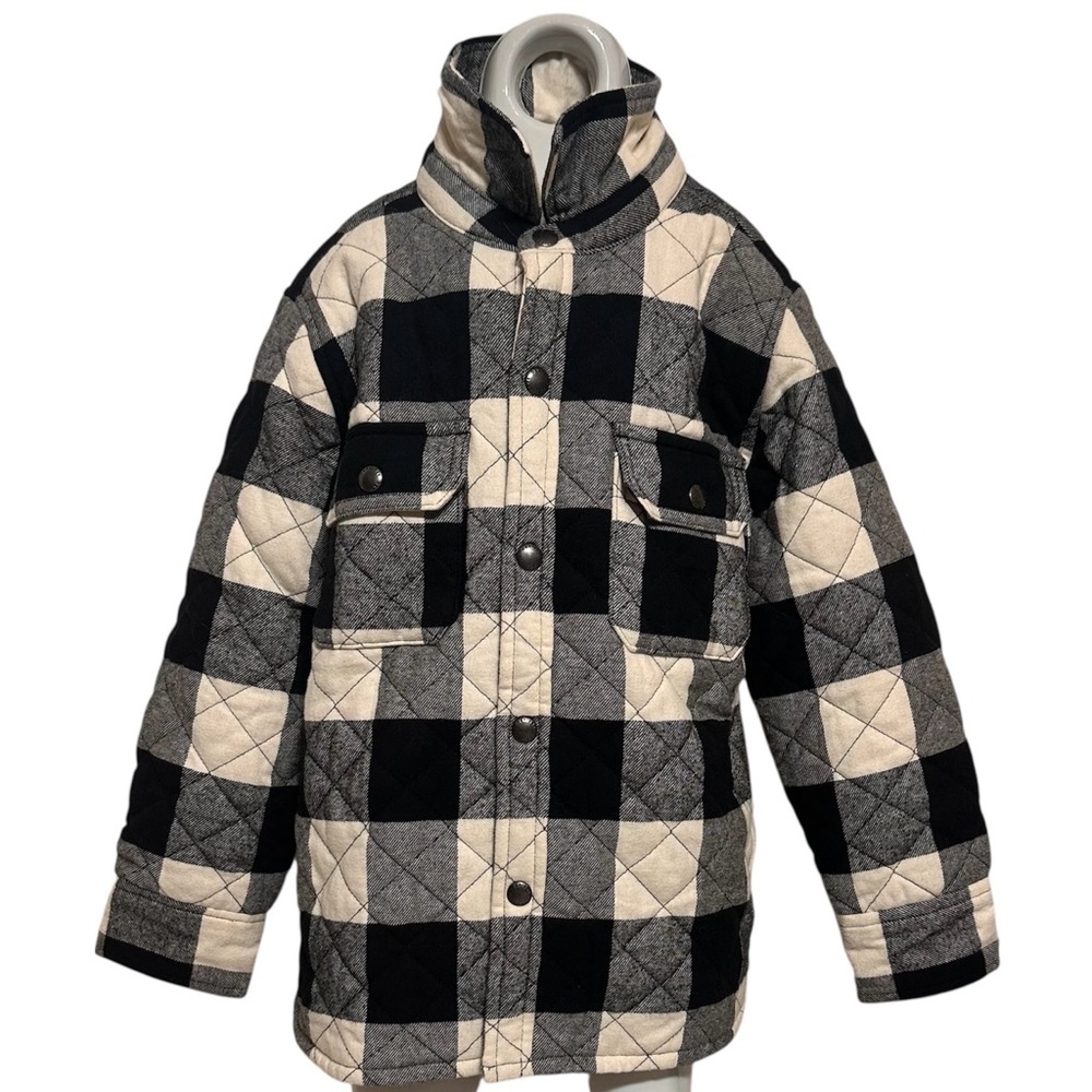 GAP Kids Buffalo Plaid Quilted Jacket Black Tan Checkered Button Front Coat 6-7